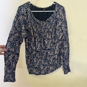 Lucky brand floral/printed long sleeve top with rouched detailing-navy blue